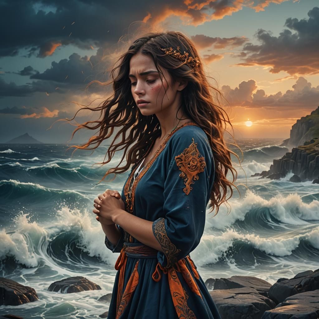 Pleading Woman Against Turbulent Sea, Fantasy Art