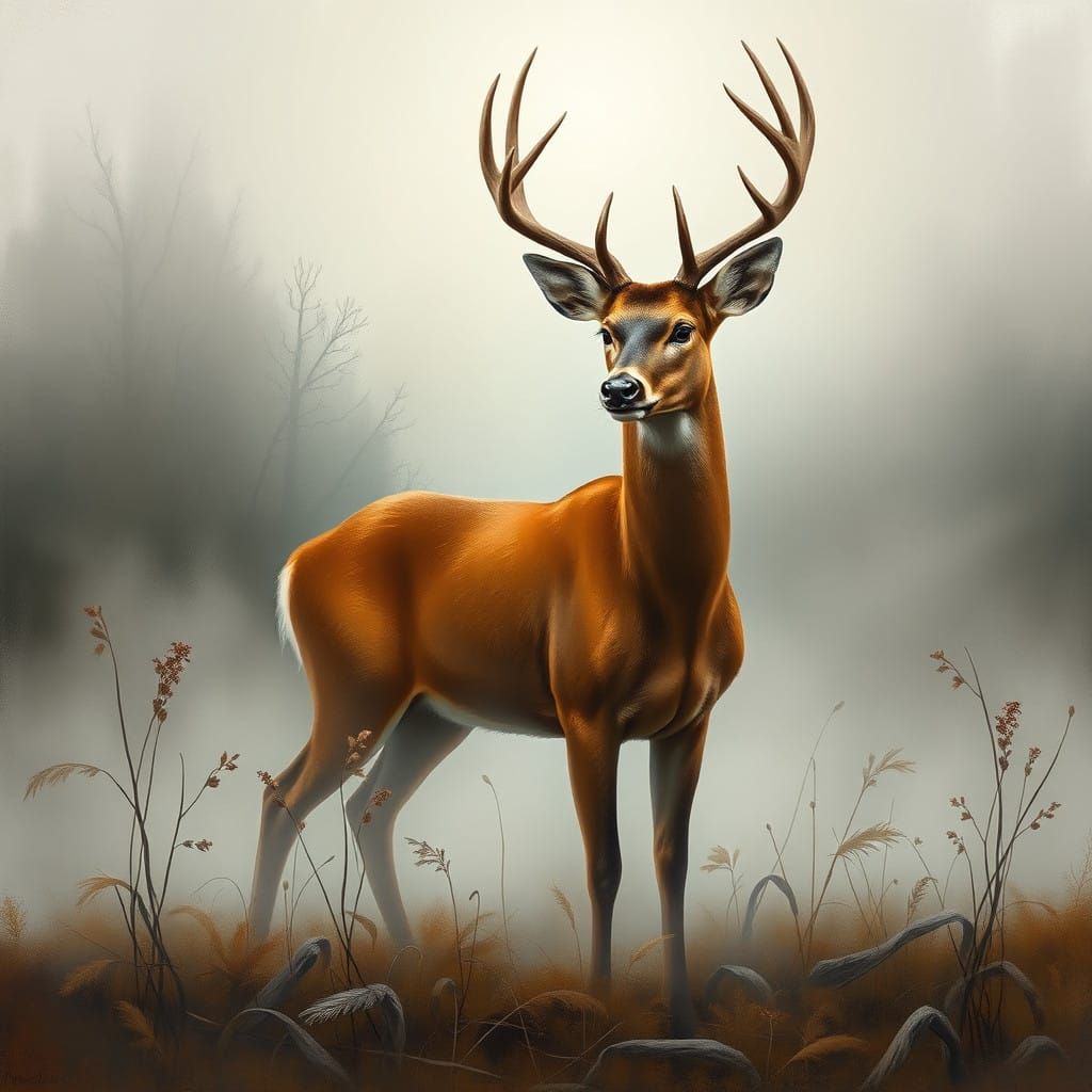 a deer in a swamp with early morning fog watercolor painting by James Gurney  by @jimmyoutside