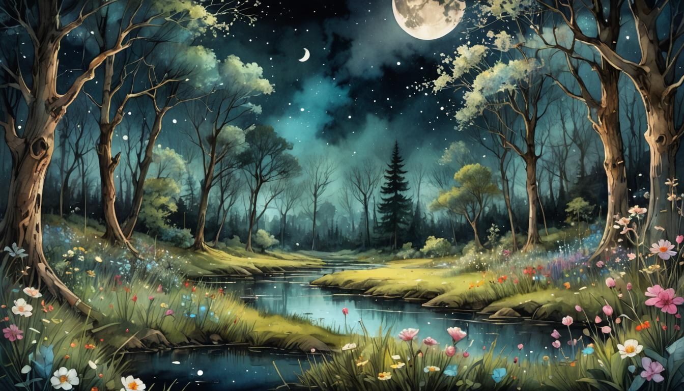 full moon moonlit meadow in a forest glade constellations il...