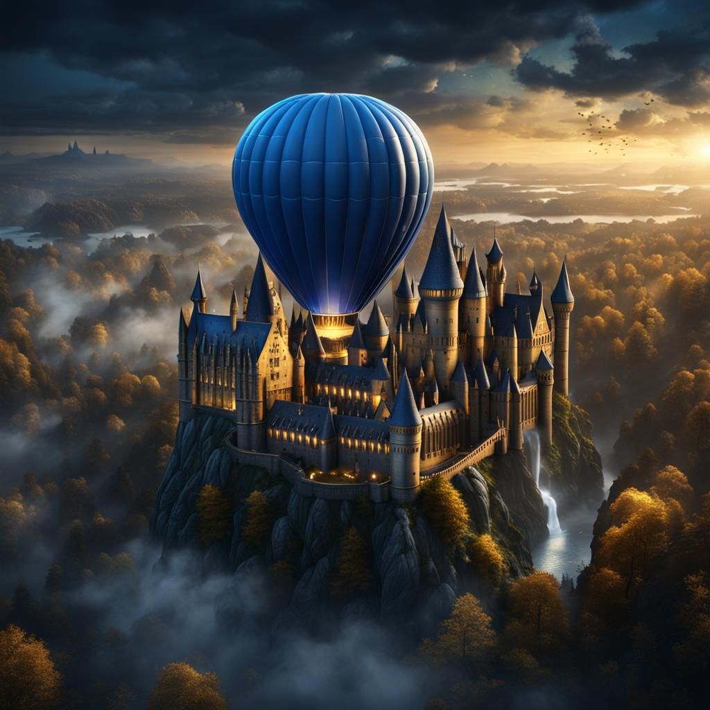 blue and gold hot air balloon flying over hogwarts by night
