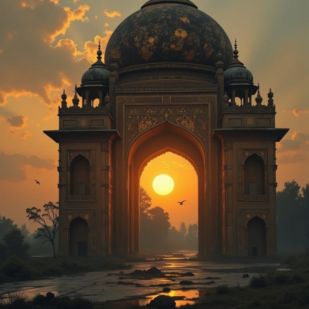 Indien <lora:divineOil:1.0> <lora:Ancient Gold:1.0> <lora:LuxeVisionsFlux:1.0> <lora:Yin-Yang scenery:1.0>