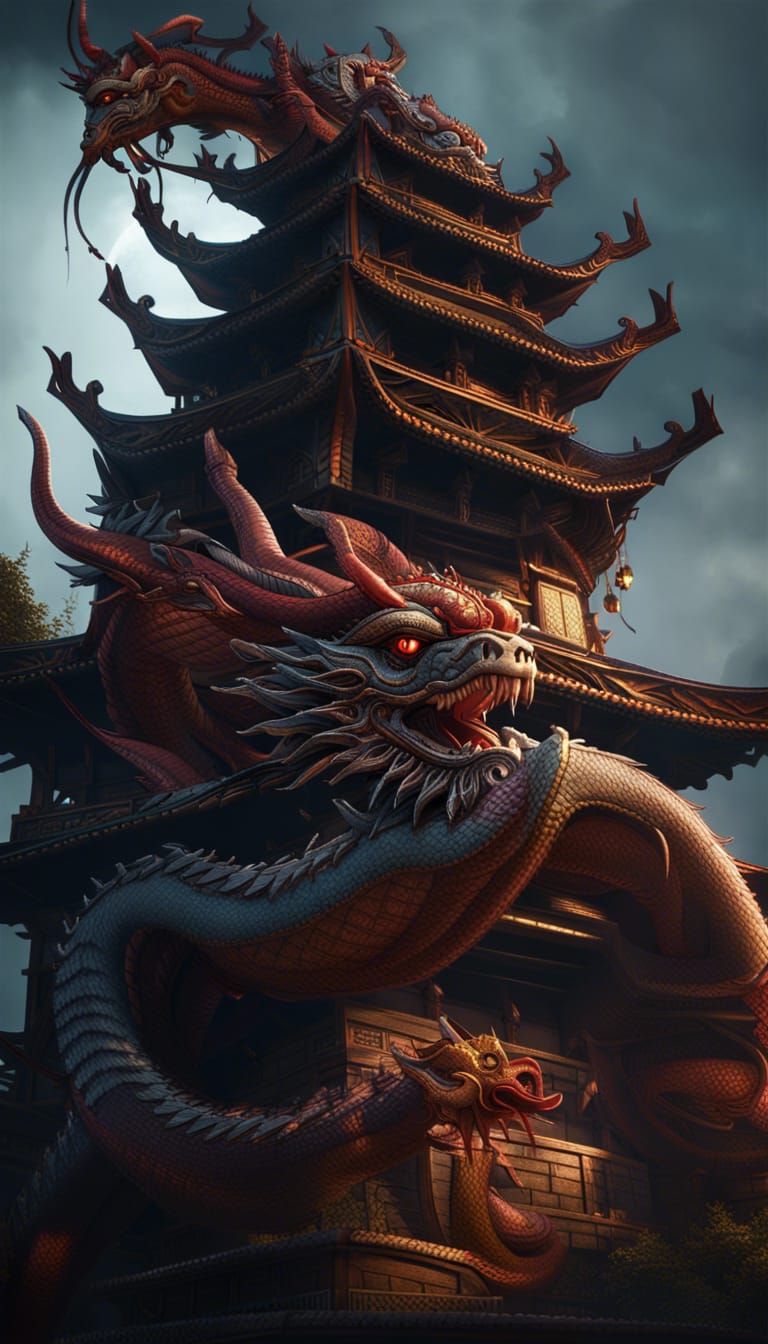 Chinese Dragon Wrapped Around Tower in Dark Fantasy