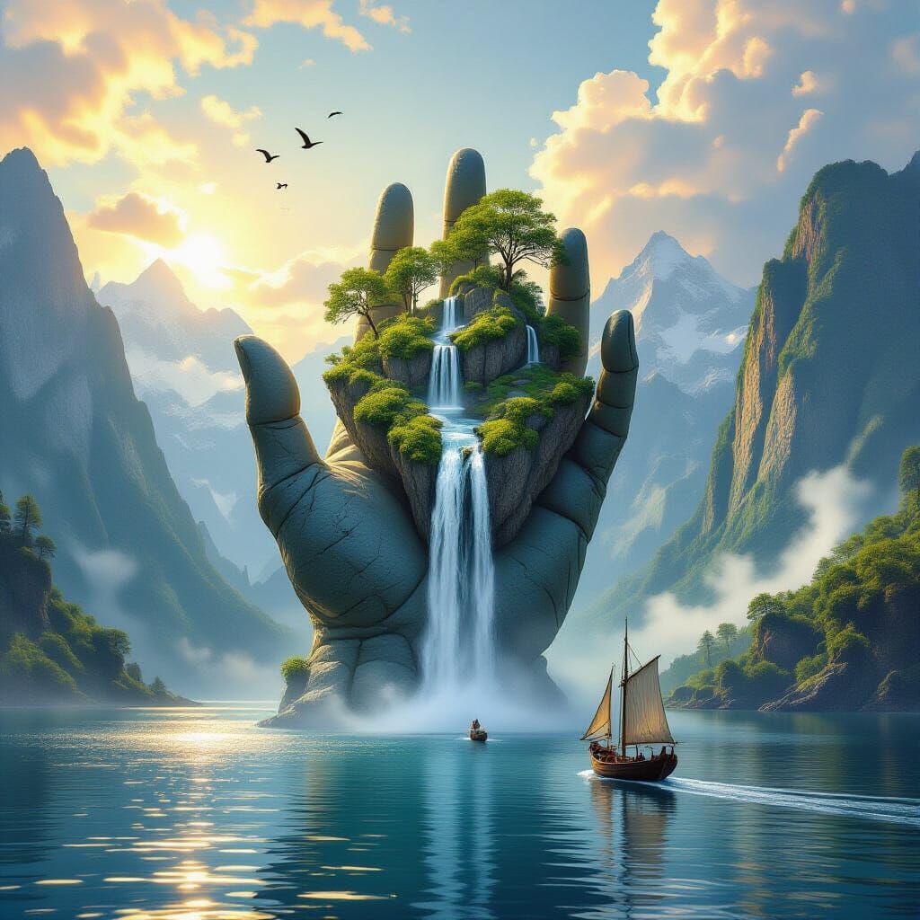 A breathtaking fantasy landscape featuring a colossal stone hand rising from a tranquil lake, gently holding a lush island with trees and gr...