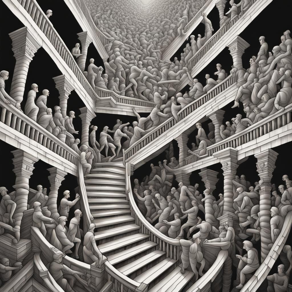 An intricate illustration of an infinite staircase in the style of M.C ...