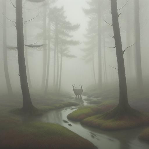 Sika Deer in Misty Forest: Japanese Sumi-e Art