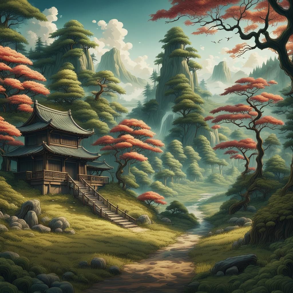 drawing wallpaper of a countryside landscape in the middle o...