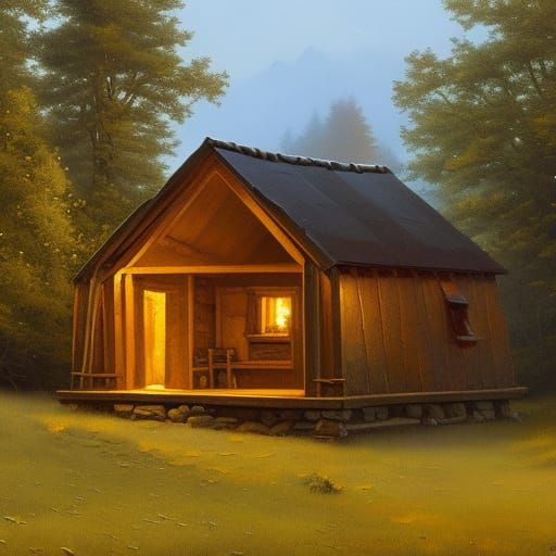 a cozy lit hut surrounded by a  forest having a door and 1 w...