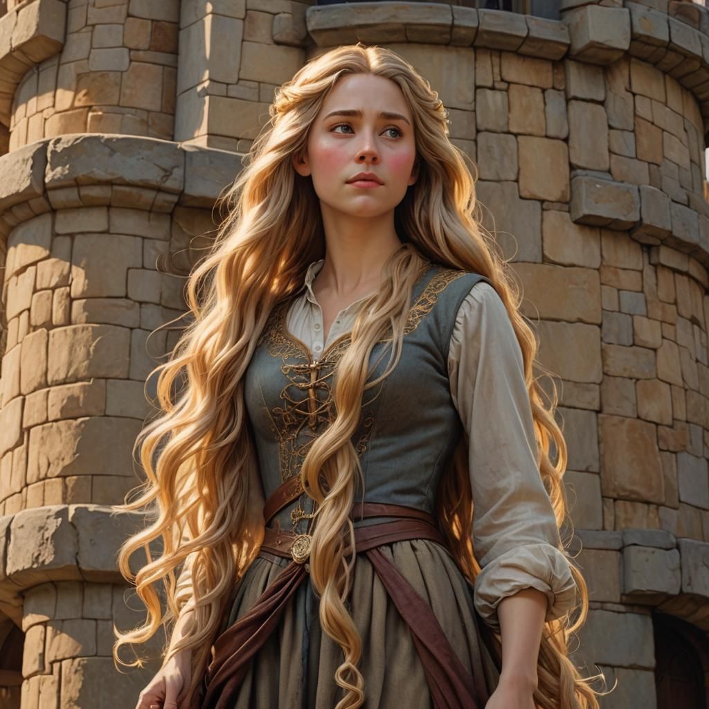 Portrait of Rapunzel at the top of her tower with her hair flowing down, 16 k resolution, hyperdetailed, hyperrealistic, modern, Norman Rock...