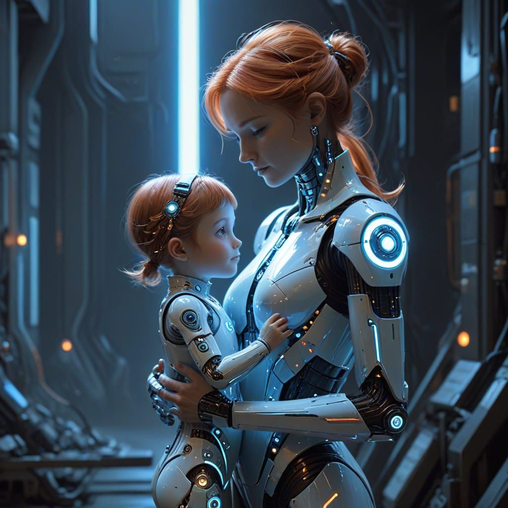 Android Mother in Soft Blue Apron Cares for Cherubic Child w...