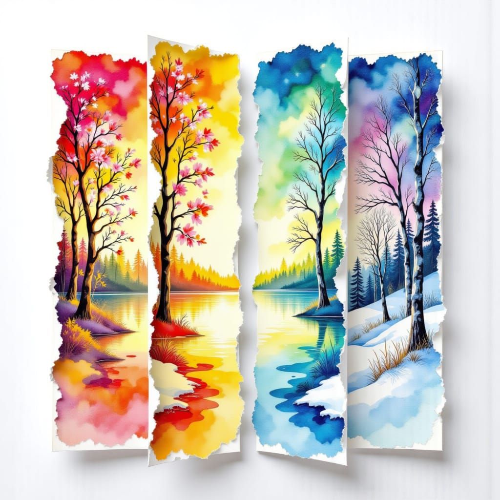 <lora:Four Seasons DE:1.0> Abstract vibrant watercolor portal swirls dripping in a double exposure effect across four vertical, ripped piece...