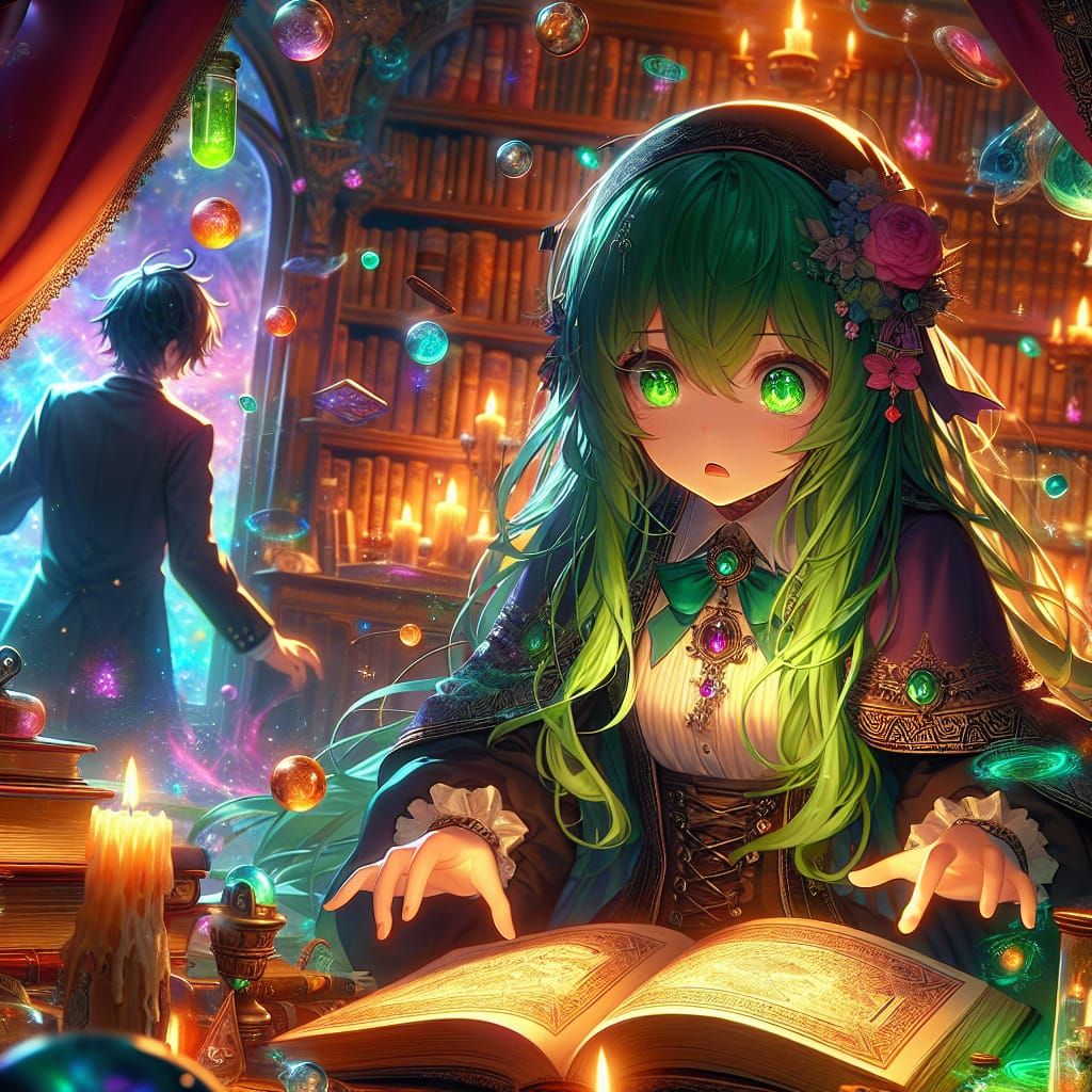 Anime girl with long lime green hair and bright green eyes a...