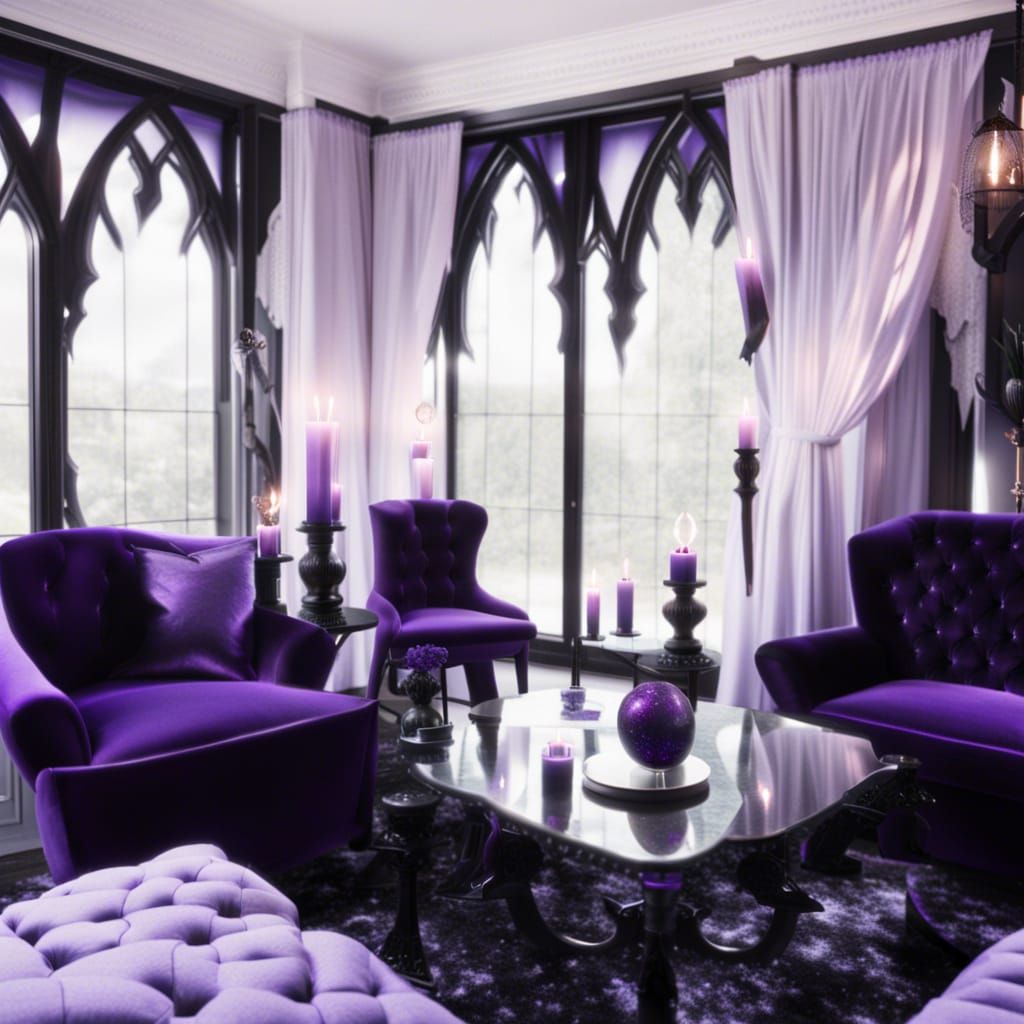 Ethereal gothic living room with black walls& black gothic windows with ...