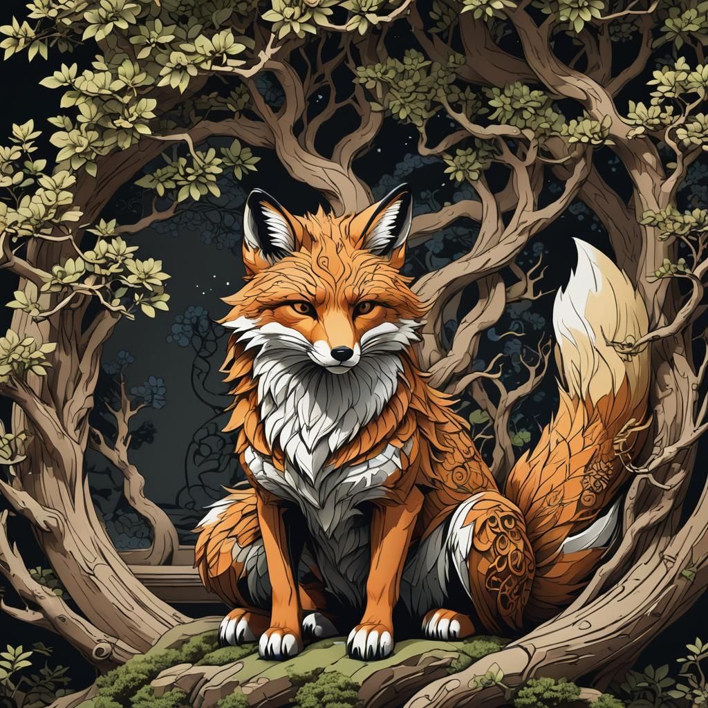 A fox sitting next to a detailed bonsai tree...