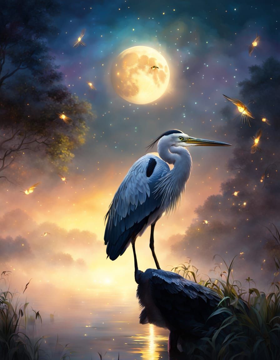 enormous moon with beautiful heron bird in front, Atmospheric, epic, colorful, cinematic, brilliant, ...  by @Ima