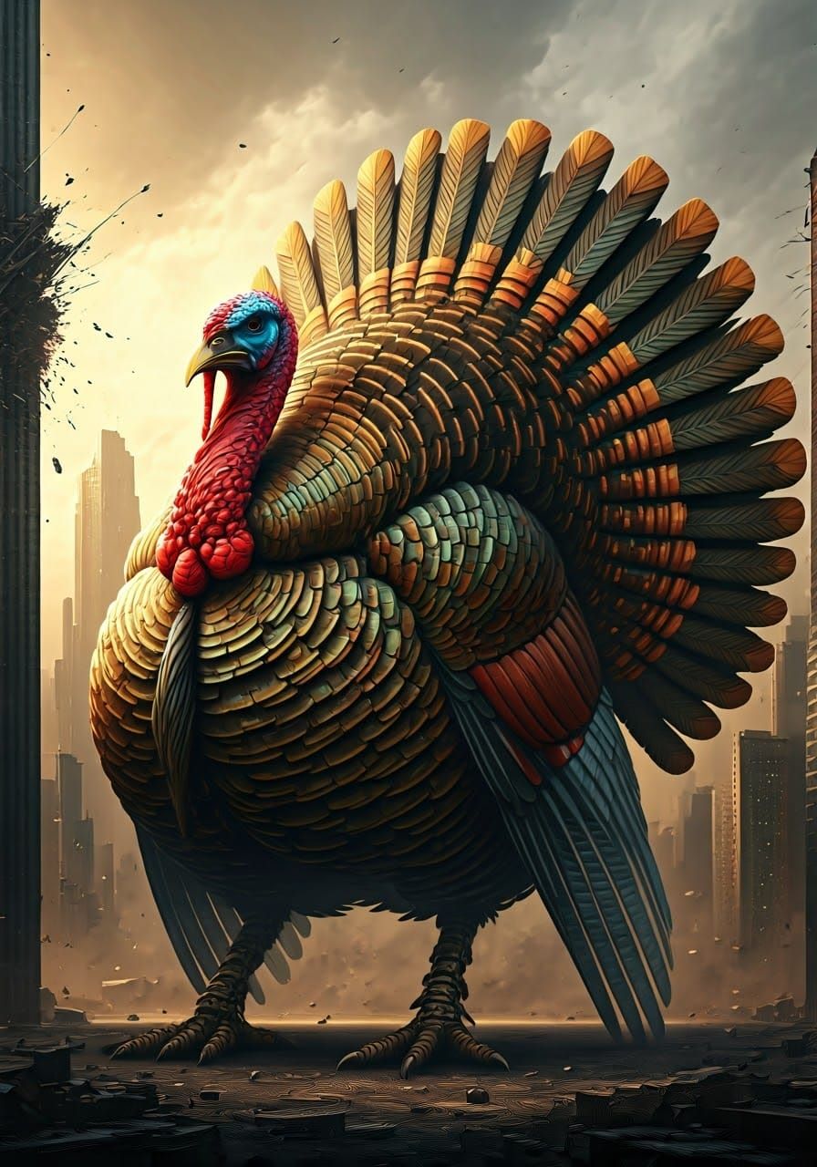 Robot turkey attacking a city, 4k AI Generated Artwork NightCafe