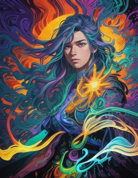 (androgynous Apollo the god of the sun in warm colors, surro...