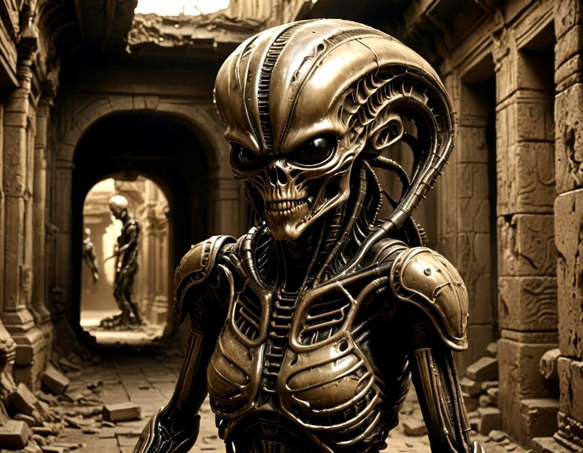 Alien Runs Through Ancient Ruins in Hyperrealistic Style