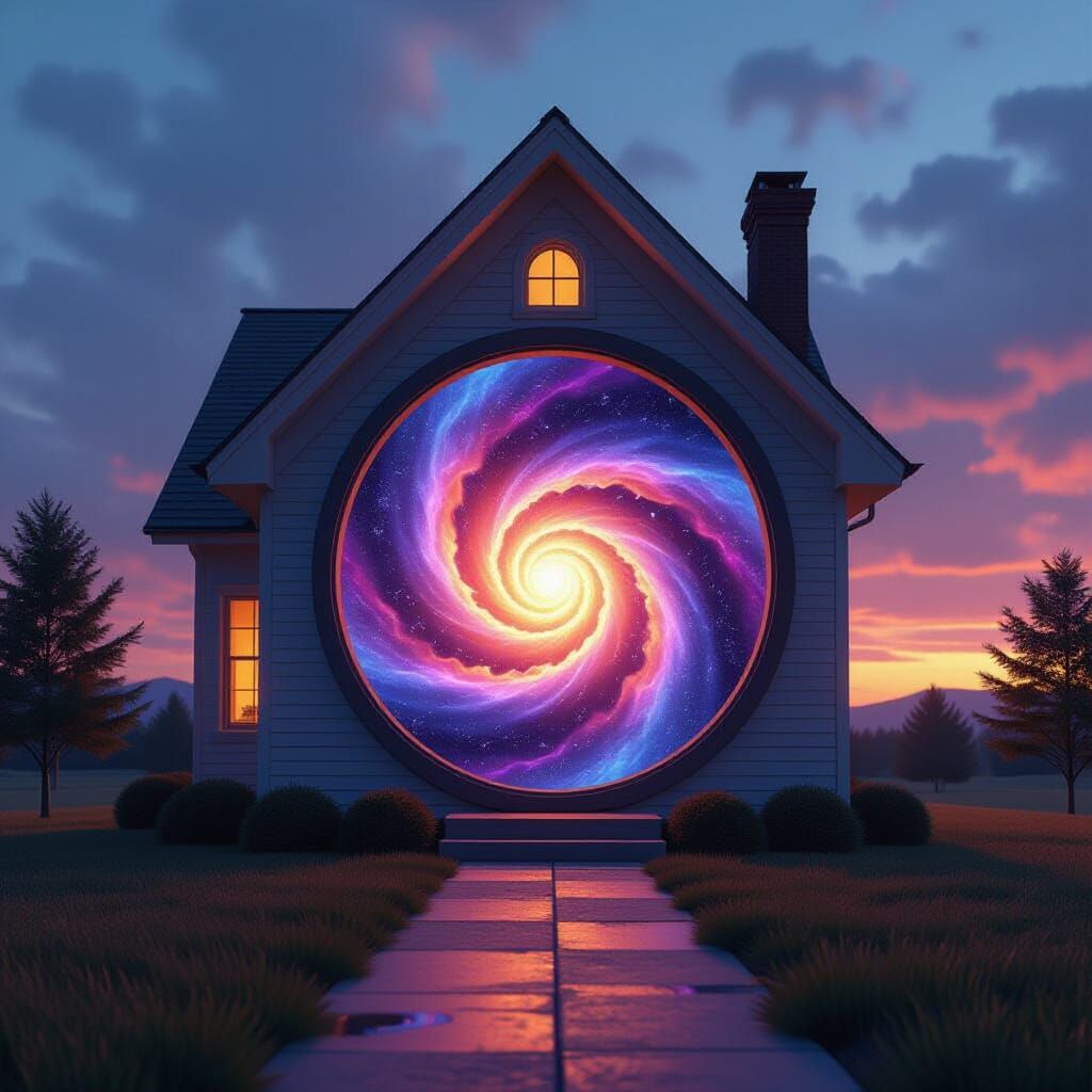 Photorealistic House with Swirling Galaxy Wormhole Window