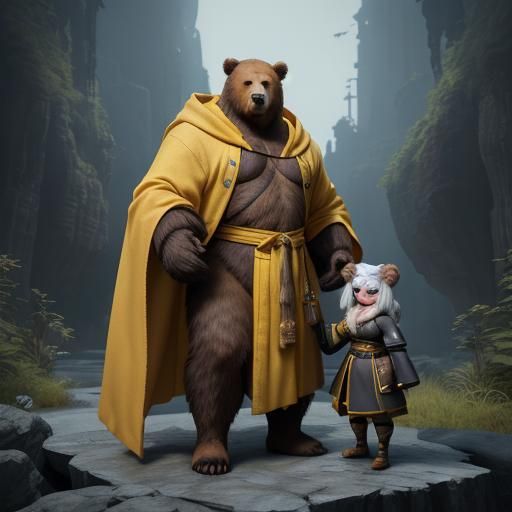 a very young female dwarf wearing a yellow robe, a humanoid bear standing next to her.