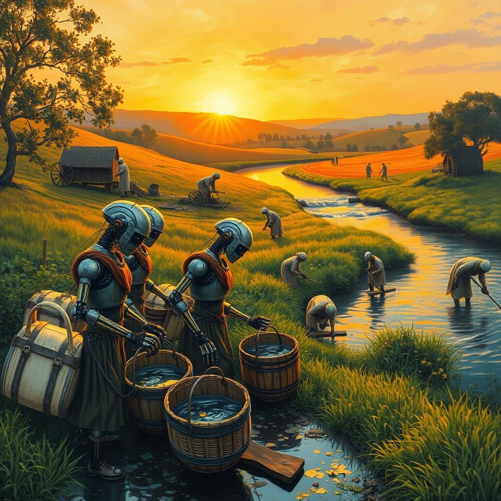 Rustic Robots Gather at Sunset River Scene in Seur... - AI Art