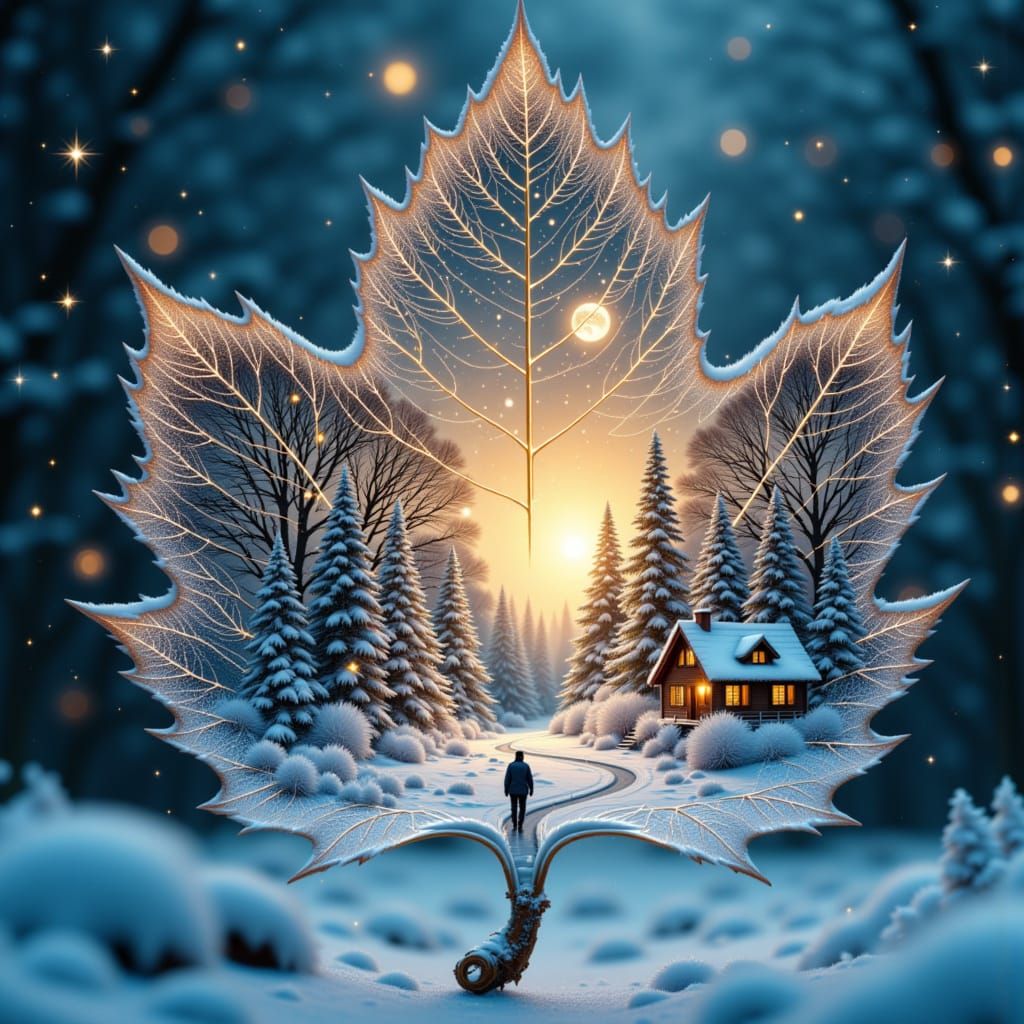 <lora:LS Double Exposure:1.0> ("Front view at 1/3 or 10°"). Double exposure accent: depict the central leaf ("In full"). "The central leaf t...