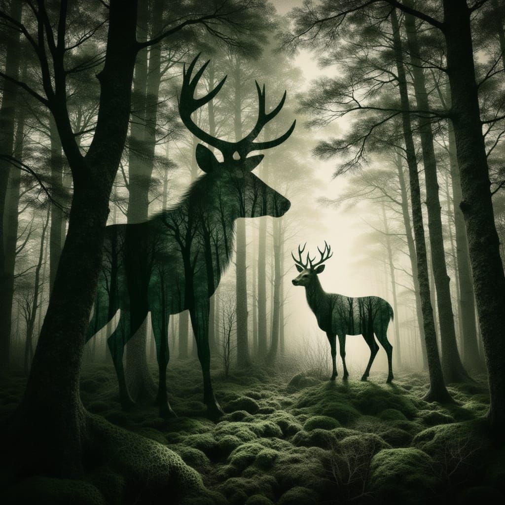 <lora:Forest Texture:1.0> Stag  double exposure with forest texture
