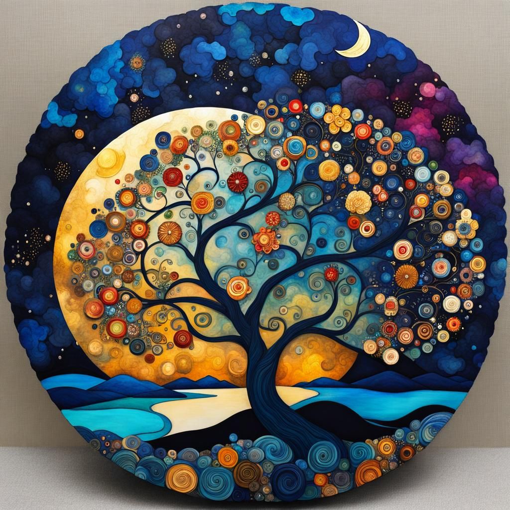 Tree of Life Under Swirling Clouds in Cubist Style
