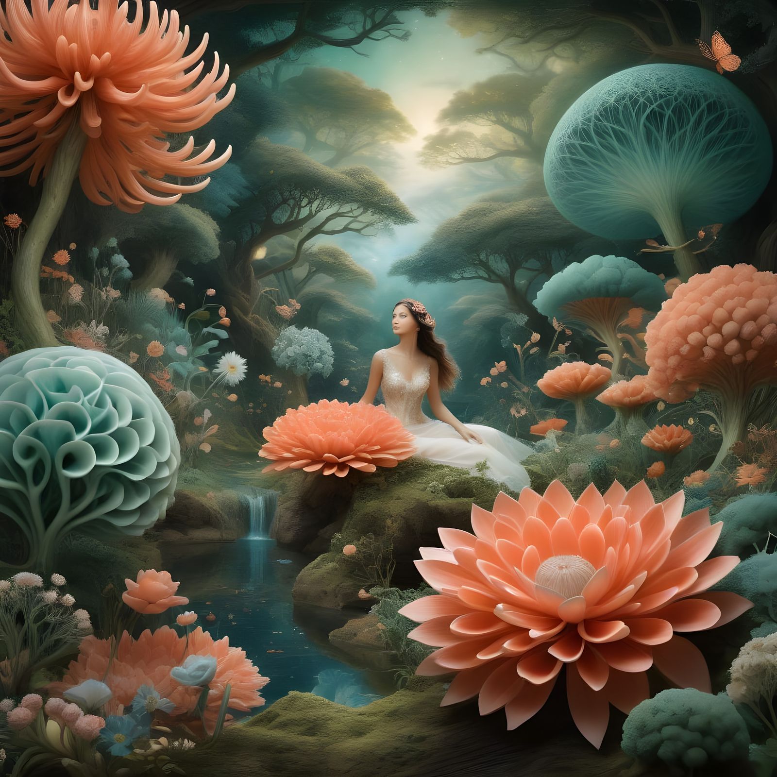 Ethereal Woman Embodies Verdant Landscape in Intricate Geome...