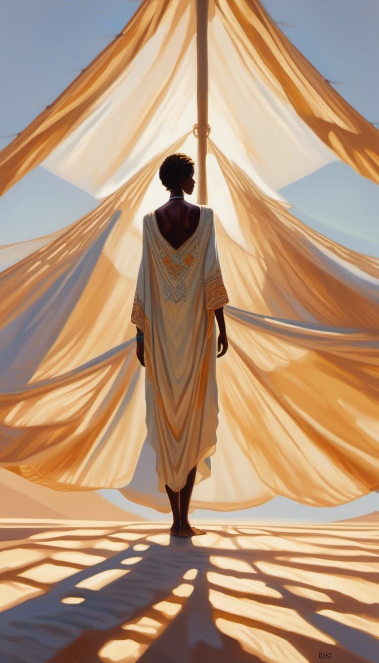 <lora:Photorealism:1.0> strikingly beautiful young alluring African woman is standing in the opening of a Bedouin tent. She faces directly i...
