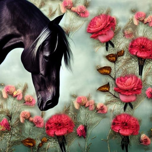 Black Horse with floral arrangement draped over back, in the...