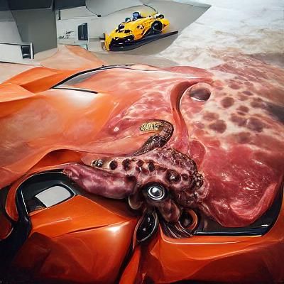 A giant octopus eating a lamborghini