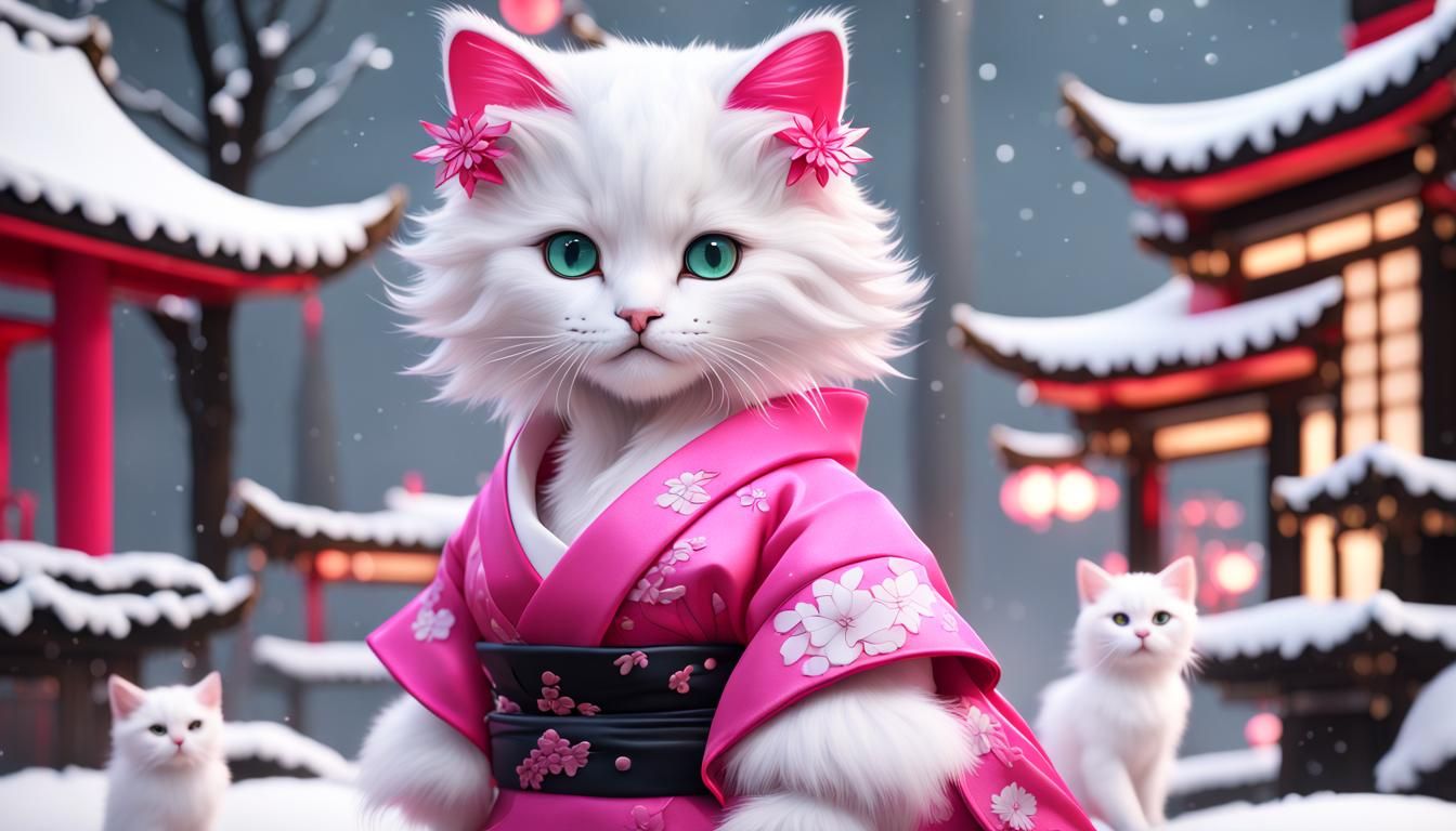 white flufffy kittens in pink geisha costume at christmas tr...