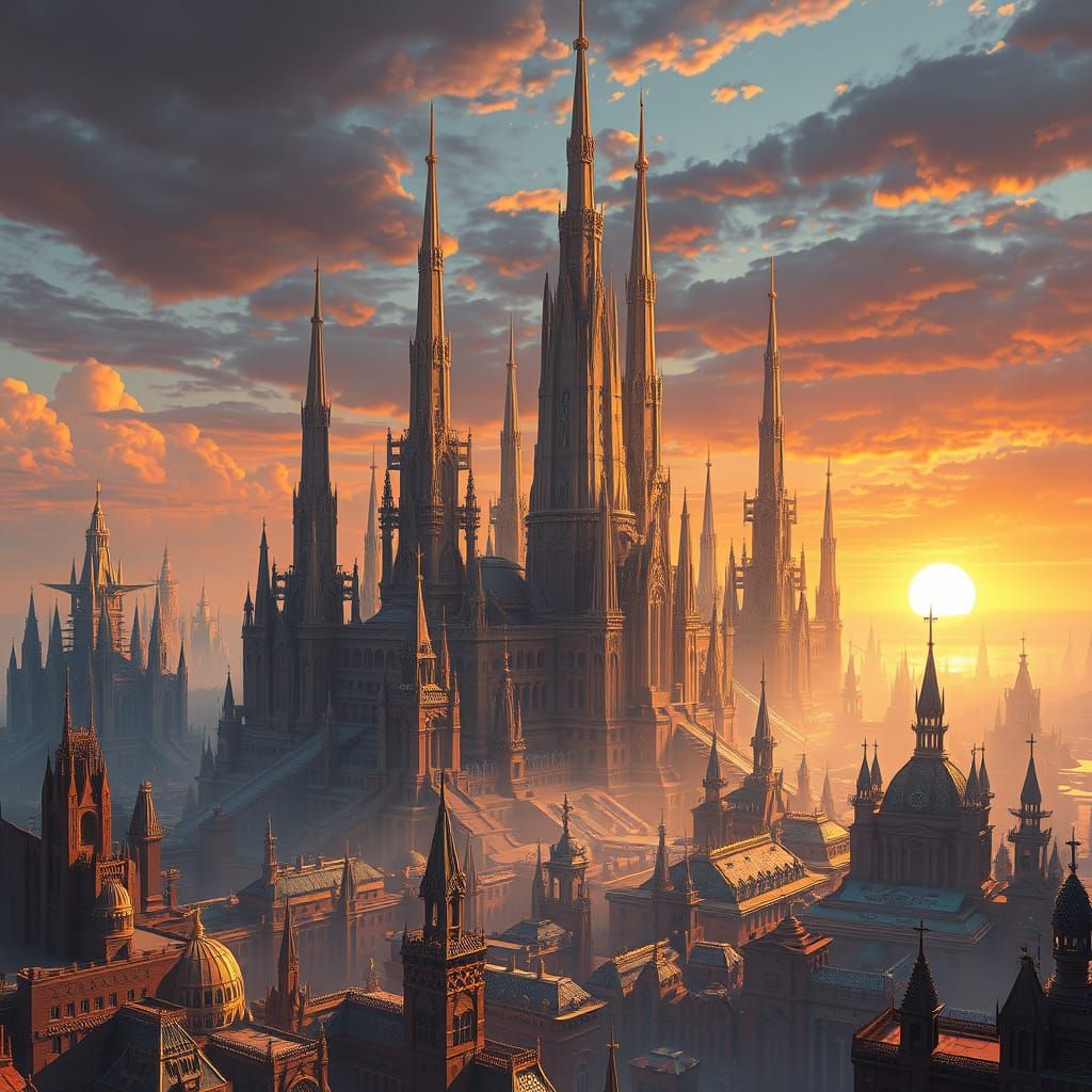 Fantasy Cityscape Under Warm Golden Light