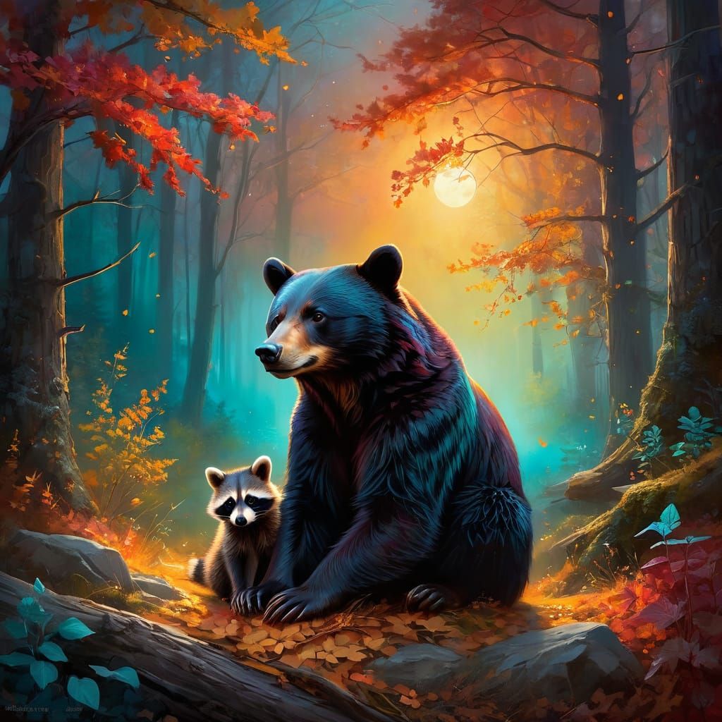 Black Bear next to a baby Raccoon