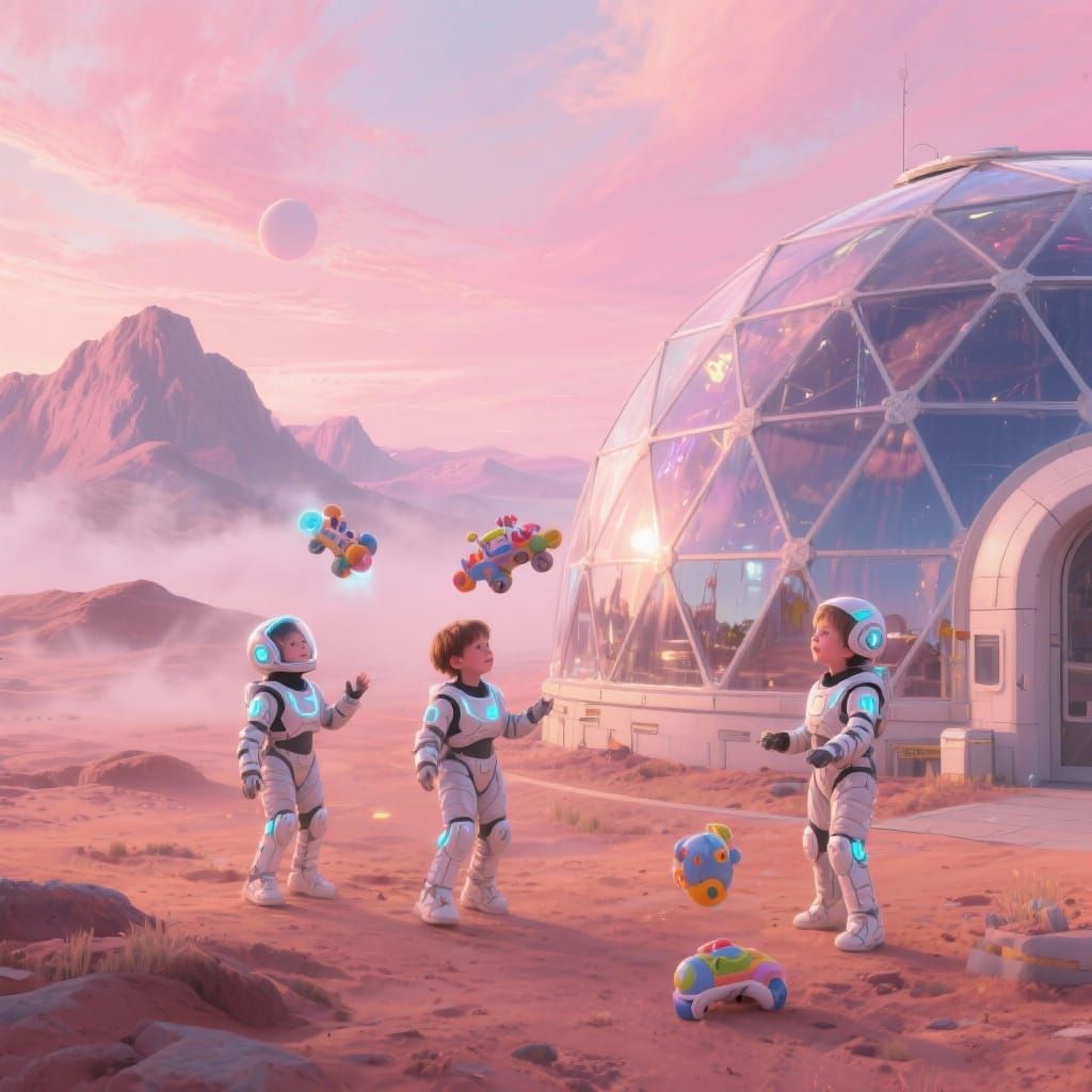 Children in light exosuits play with levitating toys outside a colony dome under the pinkish sky of Mars. Their reflections shimmer in the d...