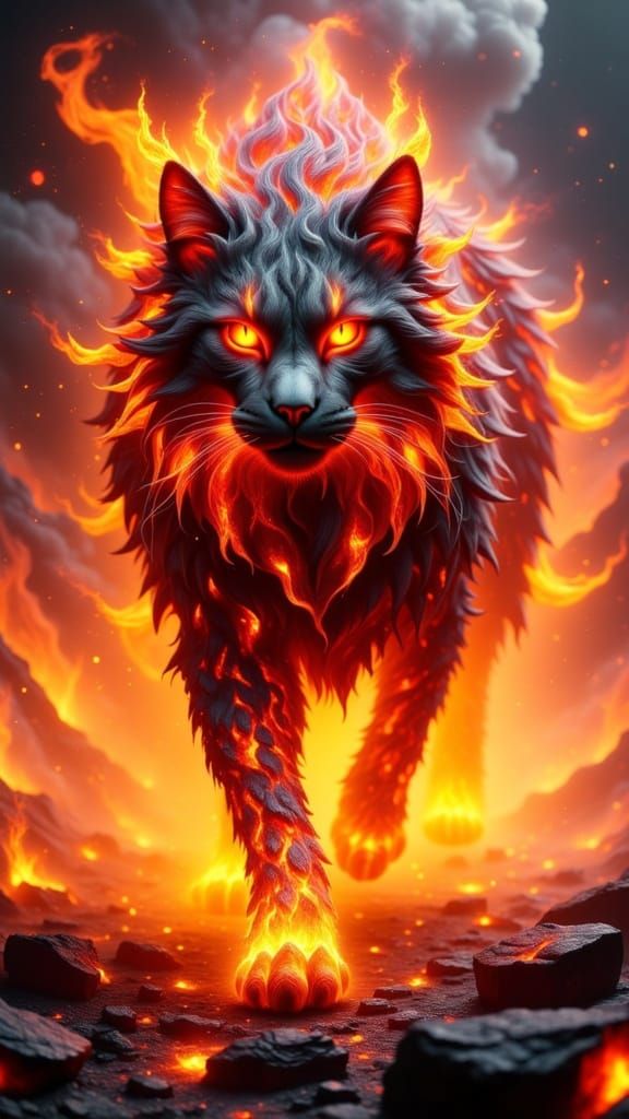 <lora:Mystical Cats:1.0> Aspect ratio 4:7. A mythical creature resembling a Norwegian Forest Cat, but made of glowing lava-crystals and burn...