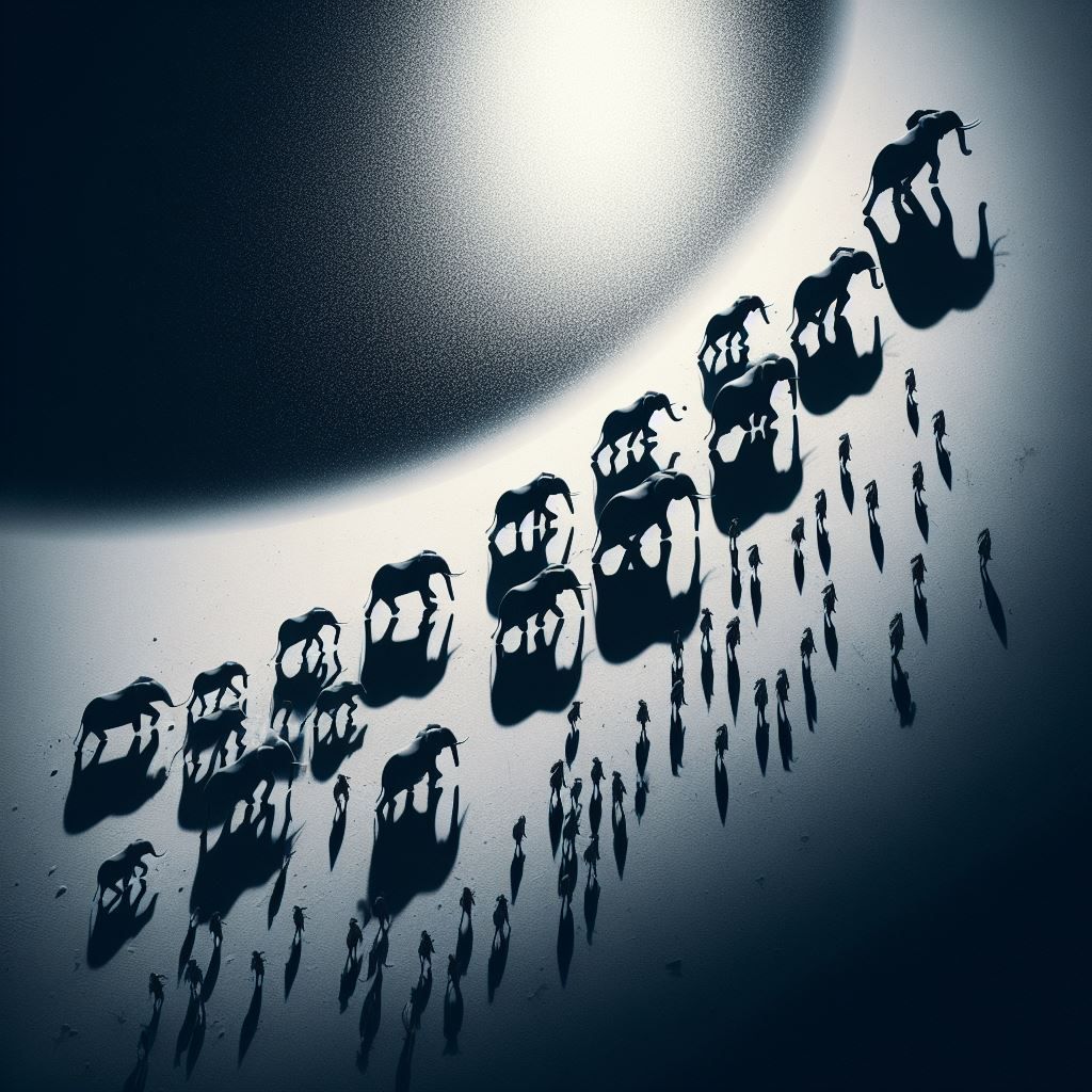 Minimalist illustration of a herd of elephants in a line heading towards a pond