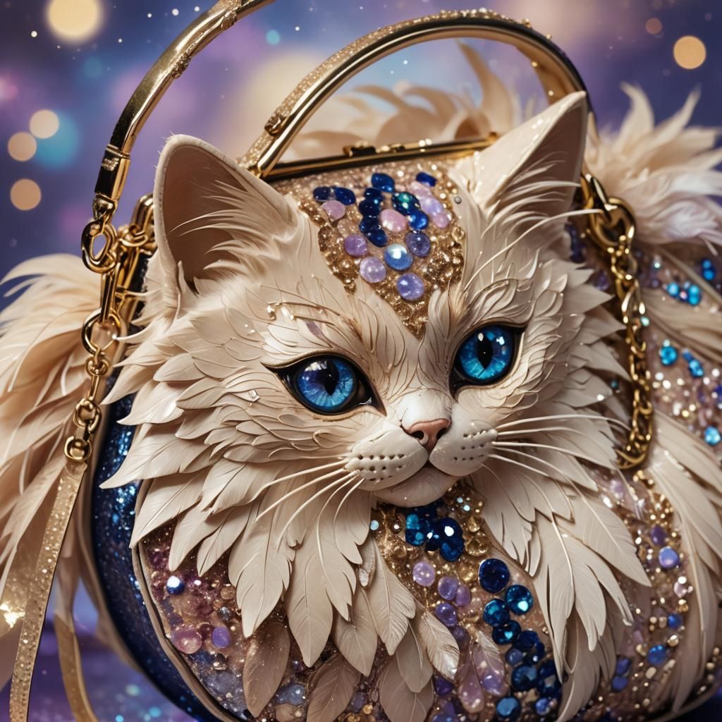 borsa a forma di gatto piumato beige, con lustrini stellari