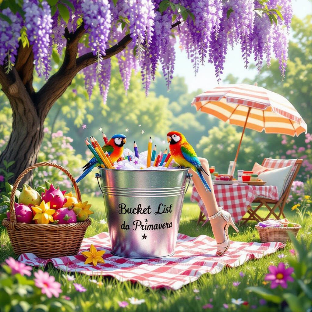 a beautiful feminine foot coming into a joyful spring garden scene centered around a large metal bucket, which is the “Bucket List da Primav...