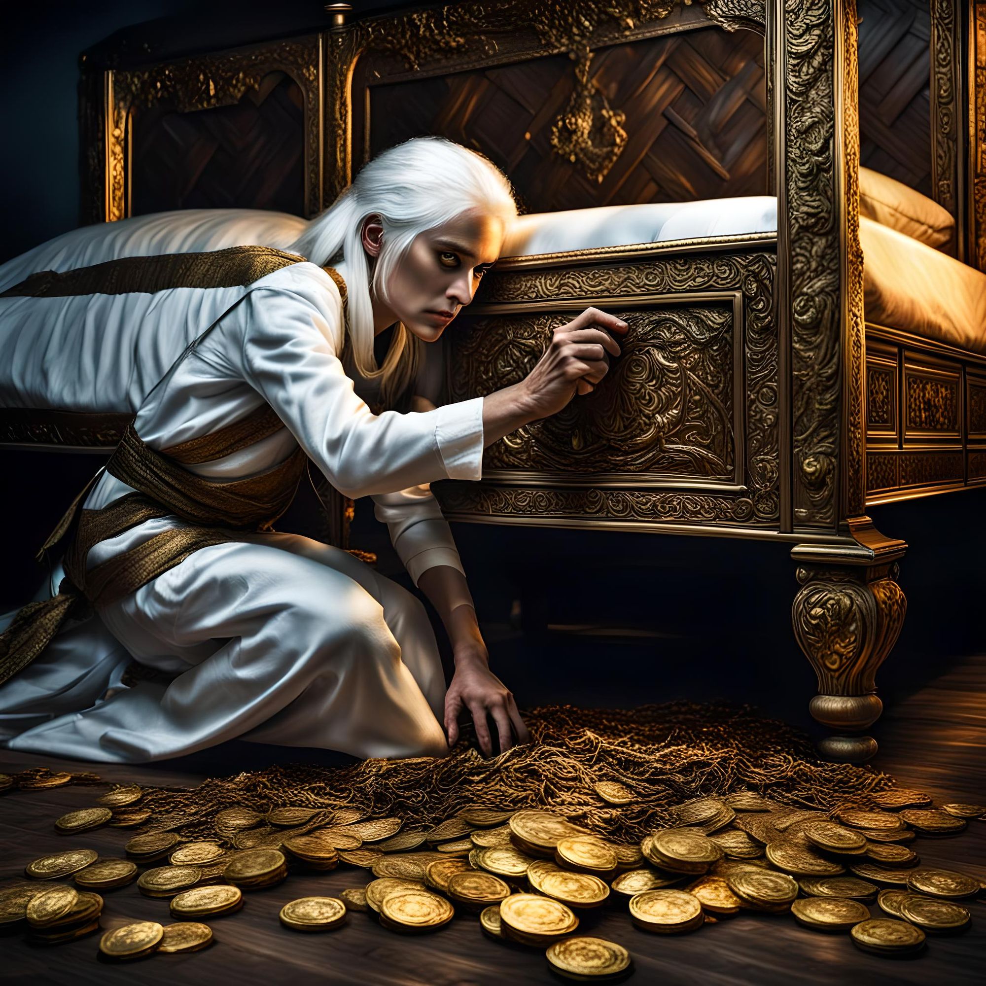 A woman with white hair and a thief's blindfold hides gold under the bed