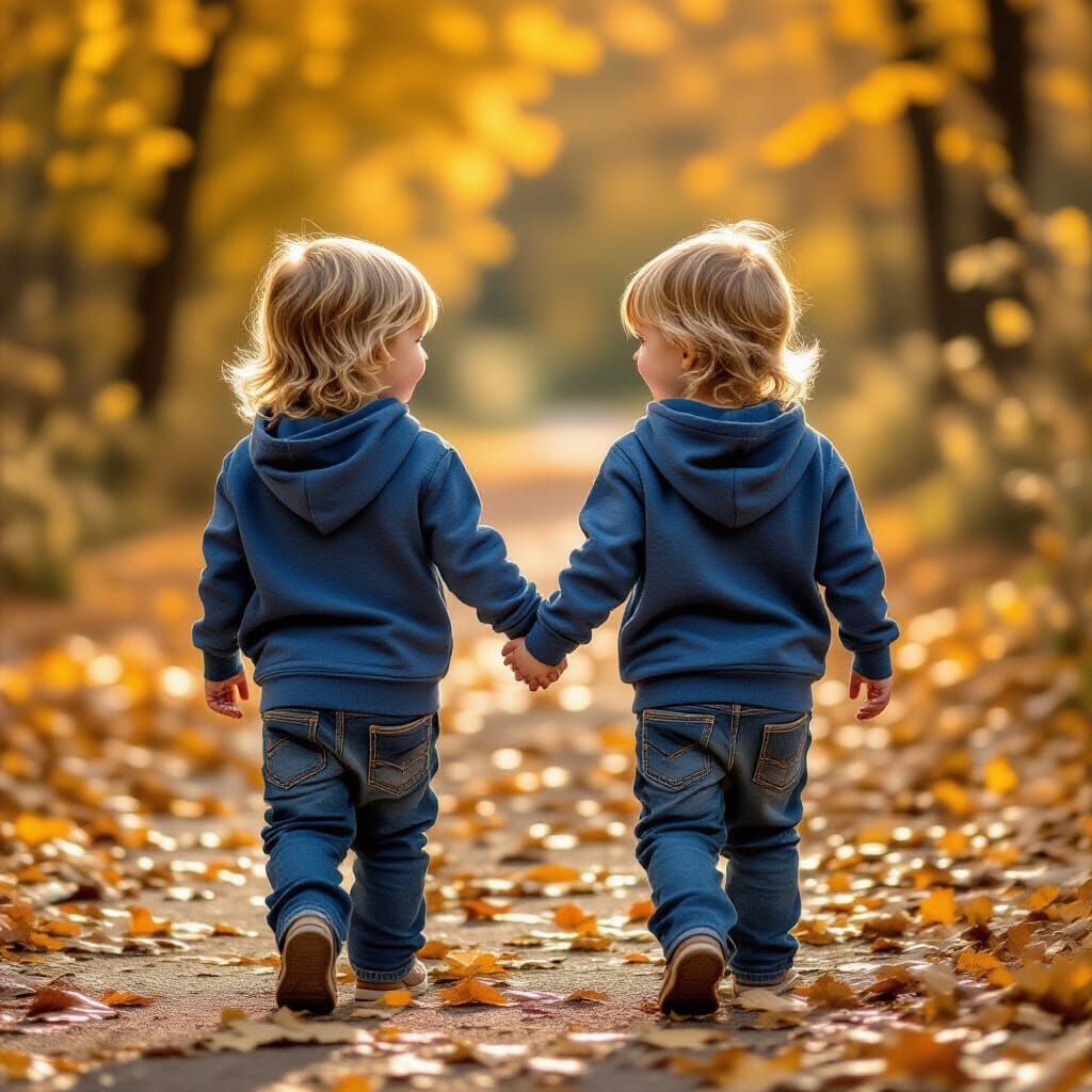 Twin Boys Walk Autumn Path in Golden Hour Light
