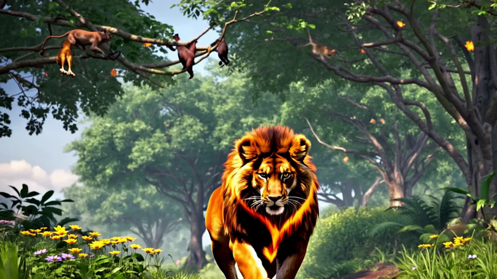 A glowing majestic lion,  walks through the jungle, he roars, he is king of the jungle, lush greenery,flowers,jungle cri...