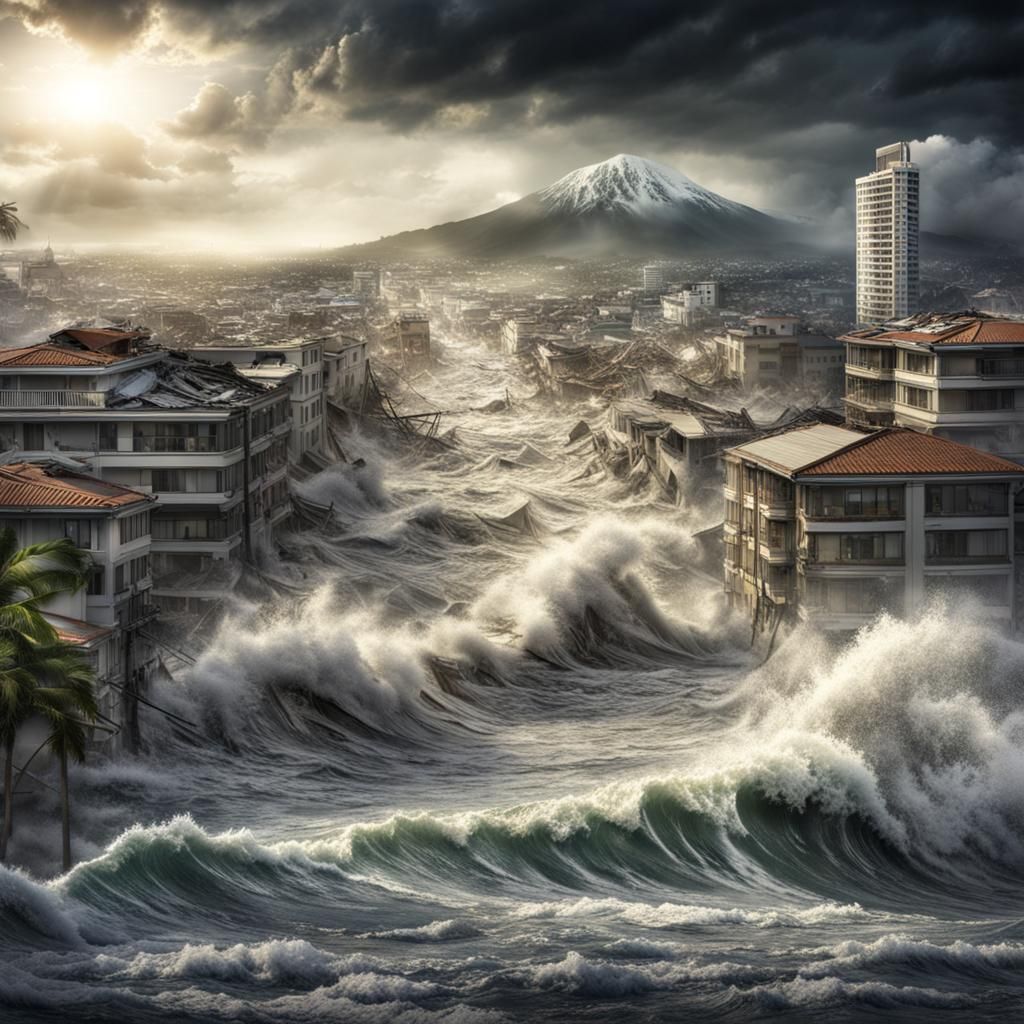earthquake causing tsunami taking over a city showing high waves and damage  by @RPGCatLover