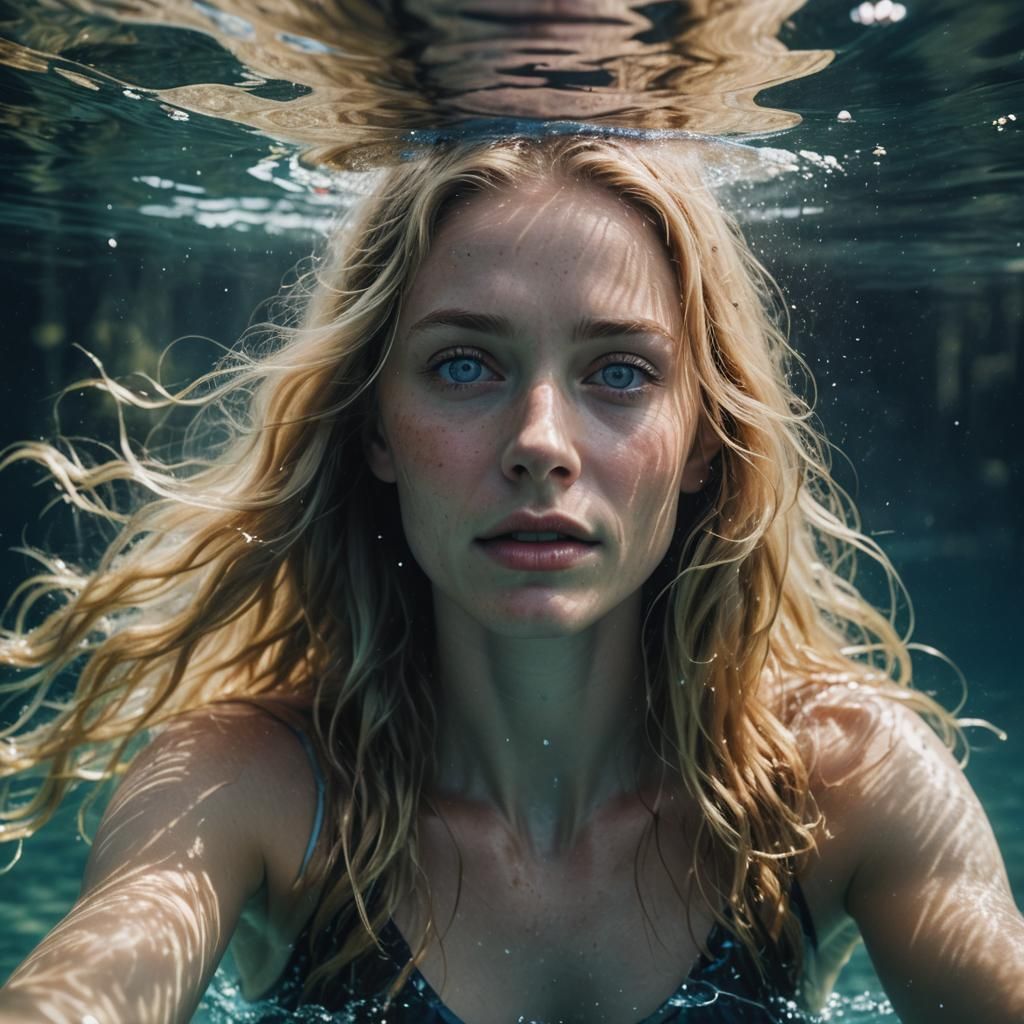 Underwater Portrait of a Blonde Woman in Film Style