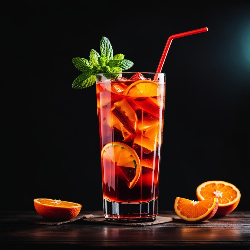 Close-up of a vibrant red cocktail in a tall glass with a wi...