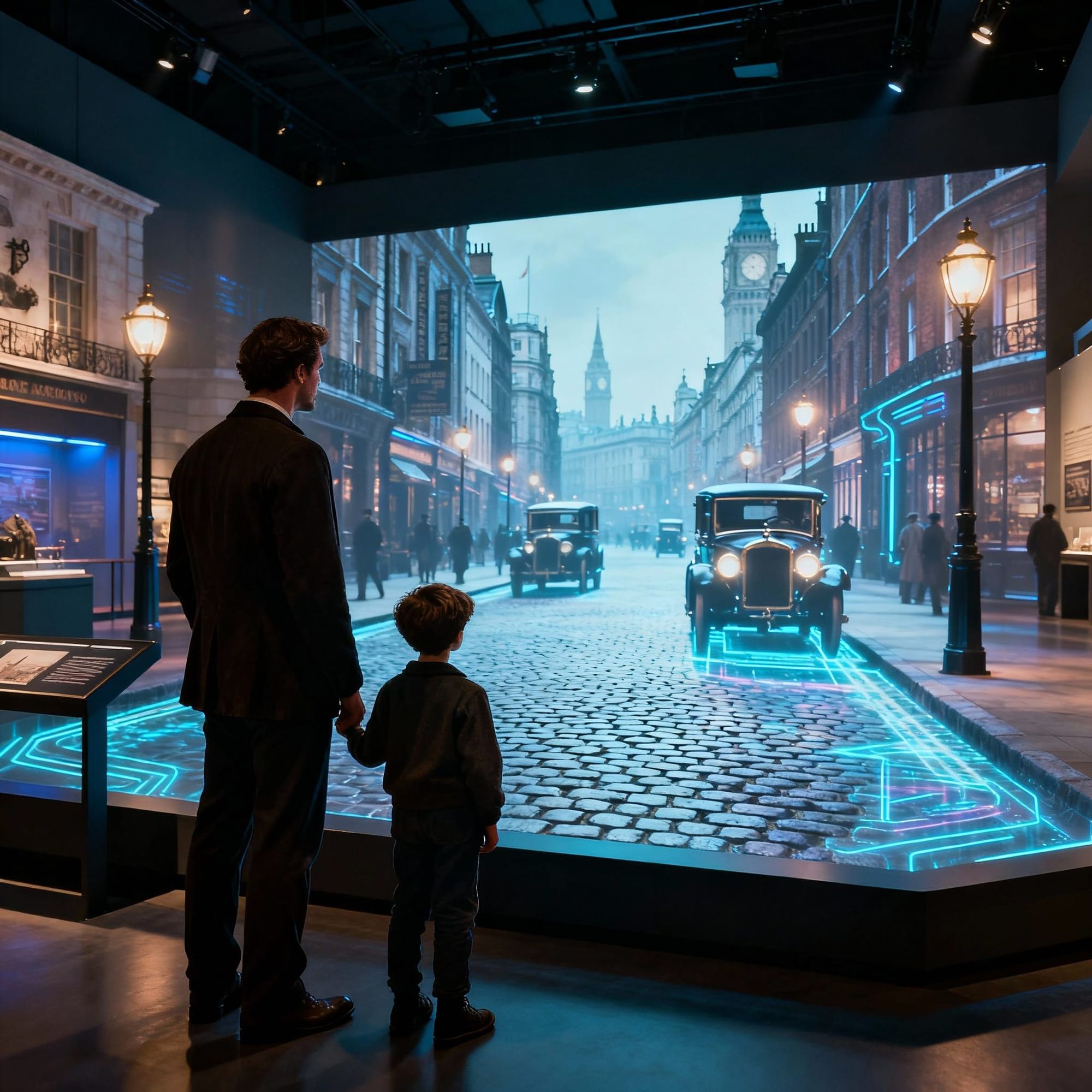 In the distant future, a Father taking his young son into a museum that shows an holographic view of early 20th century London. Cinematic fi...
