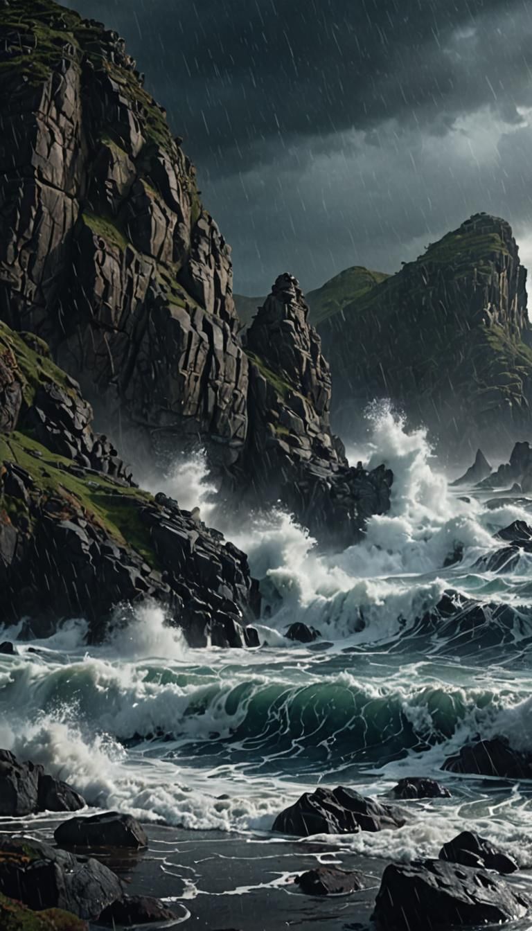 the water hits the rocks in front from the ocean in rainy and gloomy weather with a few of footprints left on the track. 