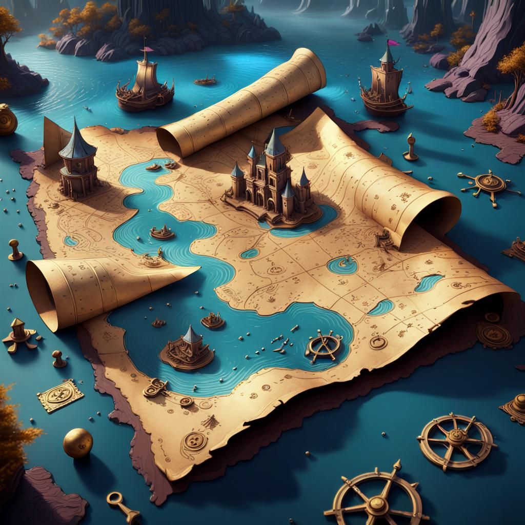 make a Artistic representations featuring whimsical treasure map with hidden clues and symbols make it ...  by @iron heart