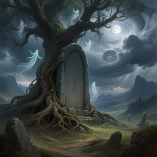 a solemn tombstone rises out of a pool of lilies