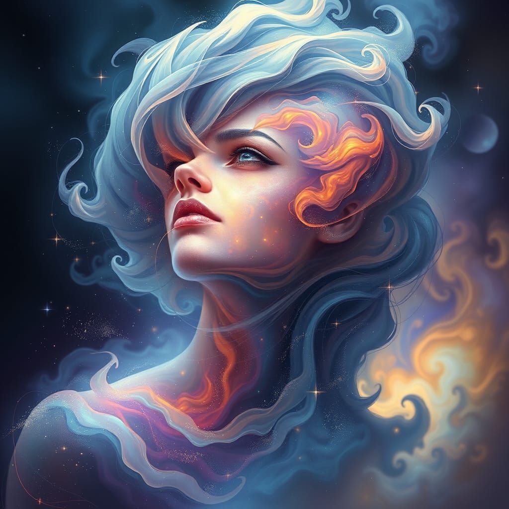 A surreal portrait of a celestial being, their form composed of swirling nebulae and stardust, rendered ...  by @Elizabeth Garises 